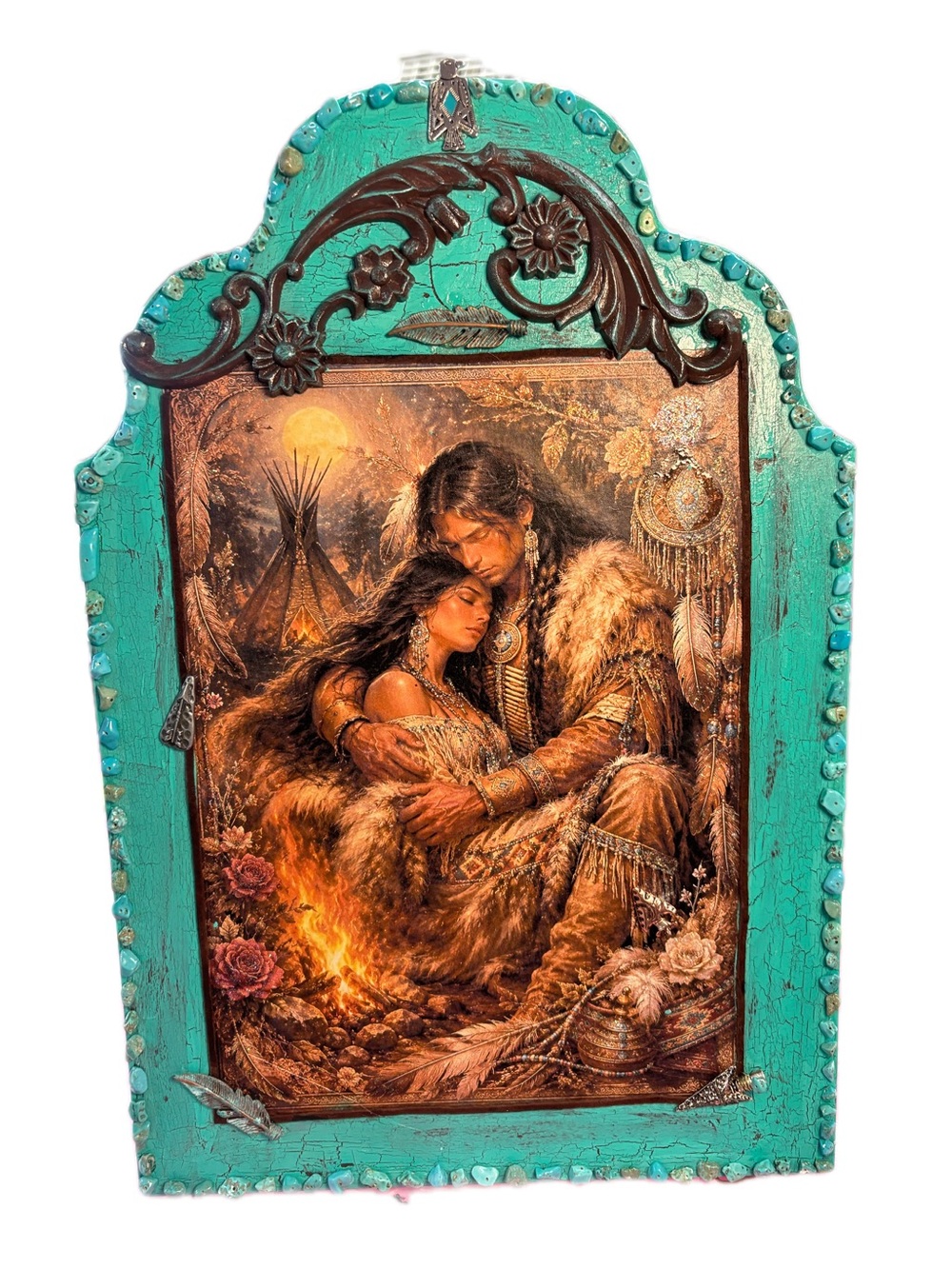 Turquoise Native Couple Wall Art Plaque - Decorative Home Wall Decor
